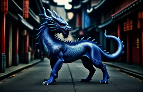 a close up of a blue dragon statue on a street