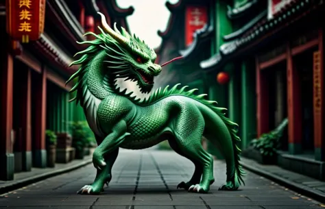 a close up of a green dragon statue on a street