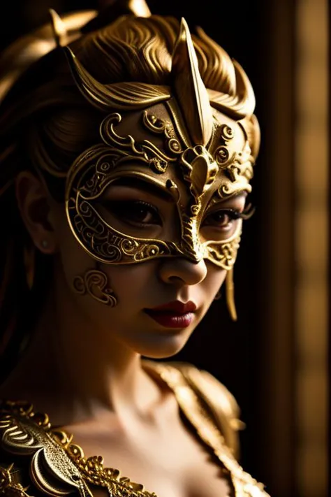 a close up of a woman wearing a gold mask and a gold dress