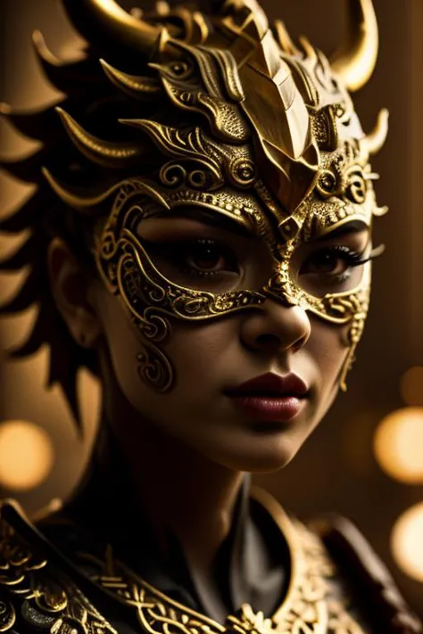 a woman wearing a gold mask with horns and horns on her head