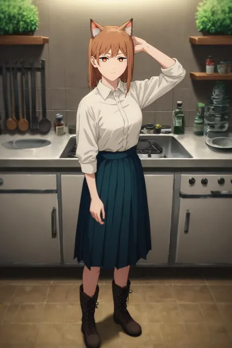 anime girl in a kitchen with a cat ears on her head