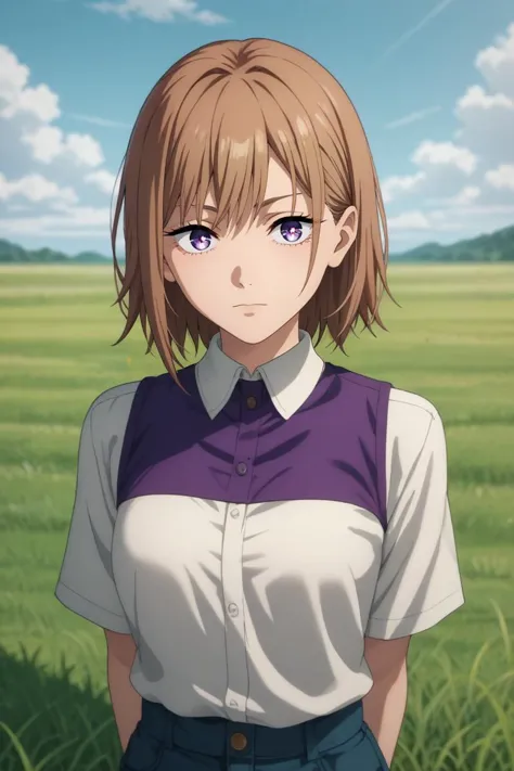 a woman in a white shirt and blue skirt standing in a field