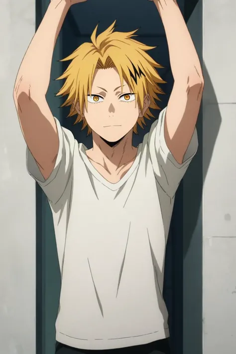 score_9, score_8_up, score_7_up, source_anime, rating_safe, intricate details, (realistic:0.6), looking at viewer, , 1boy, male focus, <lora:denki_kaminari_pony:0.60>, denki_kaminari, blonde hair, yellow eyes, multicolored hair, black hair, two-tone hair, streaked hair, short hair, spiked hair, solo, cowboy shot, corridor, dark, arms above head, light smile, <lora:chainsaw_man_style_pony:0.66>, chainsaw_man_style, , <lora:sdxl_lightning_8step_lora:1>