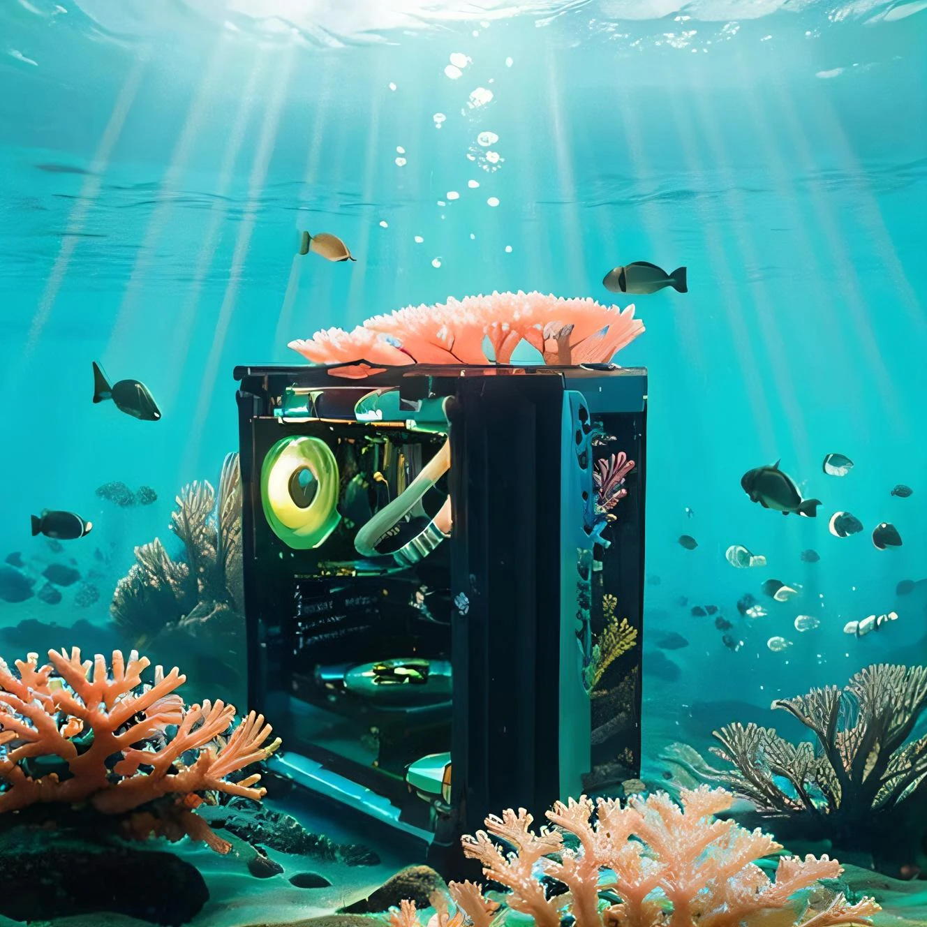 no humans, Computer Case,color fan,((underwater)),(beautiful detailed water),((coral)),dynamic angle, floating,(detailed light),floating hair,(splash),((fishes)),leaves dress, feather, nature,(sunlight),(underwater forest),(bloom),(detailed glow),drenched, seaweed, fish,(((Tyndall effect))),