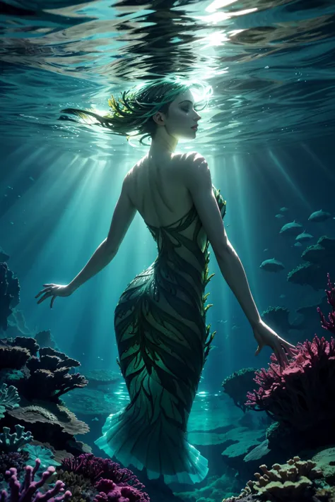 a naiad underwater, wearing a dress made of seaweed. water distorting light, refracting sunbeams, volumetric light. from behind
