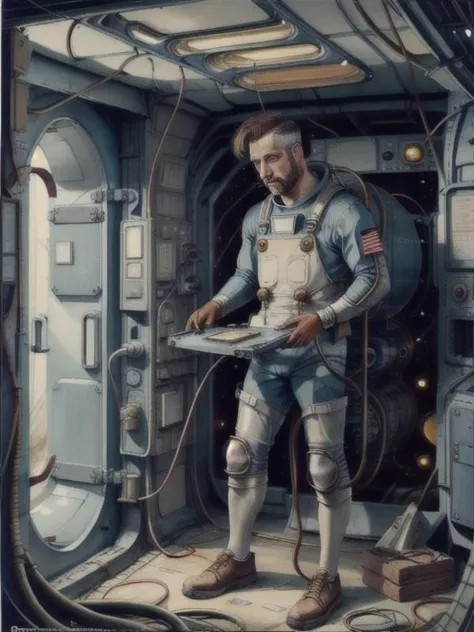 arafed man in a space suit standing in a space station