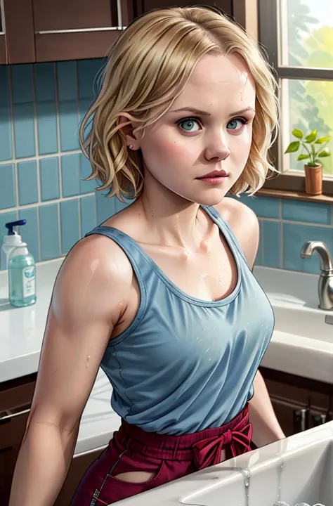 a photo of pill2, (washing the dishes:1.2), cut-off shorts, tank top, real life, beautiful face, (highly detailed face, realistic skin texture), high quality, , sharp focus, masterpiece, absurdres, by artgerm, (by arny freytag), fujifilm xt3