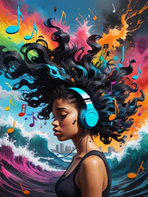 black music notes. girl listening to music,earphones,black musical notes,sounds,waves,abstract surrealism,[ink splash:0.4],explo...