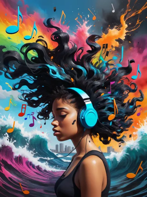 notas musicales negras. Chica escuchando música,auriculares,notas musicales negras,sonidos,ondas,abstract surrealism,[salpicadura de tinta:0.4],explosion of colores,hair fading into background colores,magnífico hiperrealismo,atractivo,Dibujos animados,una pintura mate detallada de Nathan Coley,[:arte lineal de anime:0.2],Tema de sonido,arte de bienvenida épico,escuela del río hudson,surrealism,(excepcional, mejor estetica, nuevo, nuevoest, mejor calidad, obra maestra:1.2),, Efectos de brillo, rayos de Dios, dibujado a mano, prestar, 8K, octane prestar, cine 4d, licuadora, dark, atmosférico 4k ultra detallado, cinematográfico, enfoque nítido, gran profundidad de campo, obra maestra, colores, 3d octane prestar, 4k, Arte conceptual, tendencia en artstation, Híper realista, Vivid colores, extremely detailed CG unity 8K wallpaper, tendencia en CGSociety, Intrincado, Alto detalle, dramático