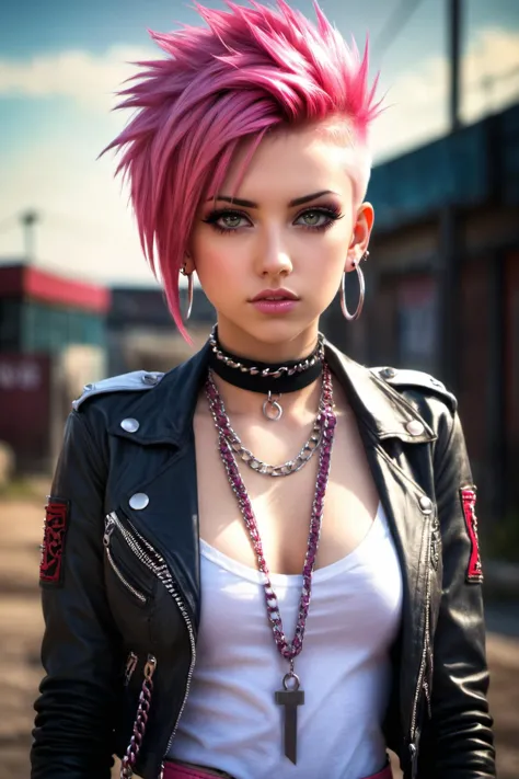 Grunge style 23 year old emo girl,short blonde hair,pink hair,mohawk hairdo,choker,chains,red leather pants,white denim jacket,, HDR image,true to life image,soft eyes,natural skin,high detailed face,high detailed cloth,film photography,cinematic lighting,sharp focus,(very detailed),((4K HQ)),depth of field,8K,HDR,High contrast,shadows,bokeh,(detailed skin texture),(detailed clothing),(detailed background),(highly detailed skin),realistic texture,realistic shadows . Textured, distressed, vintage, edgy, punk rock vibe, dirty, noisy