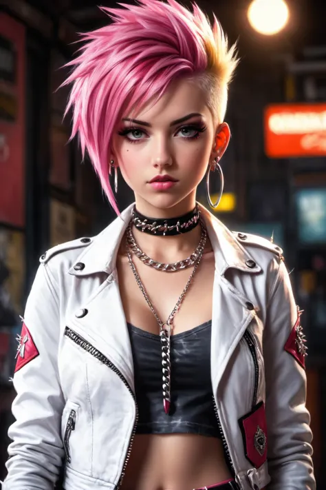 Grunge style 23 year old emo girl,short blonde hair,pink hair,mohawk hairdo,choker,chains,red leather pants,white denim jacket, HDR image,true to life image,soft eyes,natural skin,high detailed face,high detailed cloth,film photography,cinematic lighting,sharp focus,(very detailed),((4K HQ)),depth of field,8K,HDR,High contrast,shadows,bokeh,(detailed skin texture),(detailed clothing),(detailed background),(highly detailed skin),realistic texture,realistic shadows . Textured, distressed, vintage, edgy, punk rock vibe, dirty, noisy