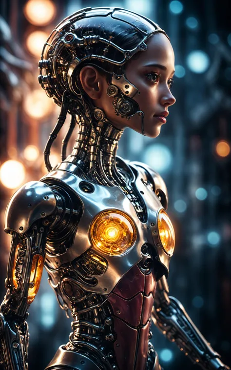 concept art cinematic film still insanely detailed photograph,a half machine half female cyborg,flesh and wiring,glowing metalli...