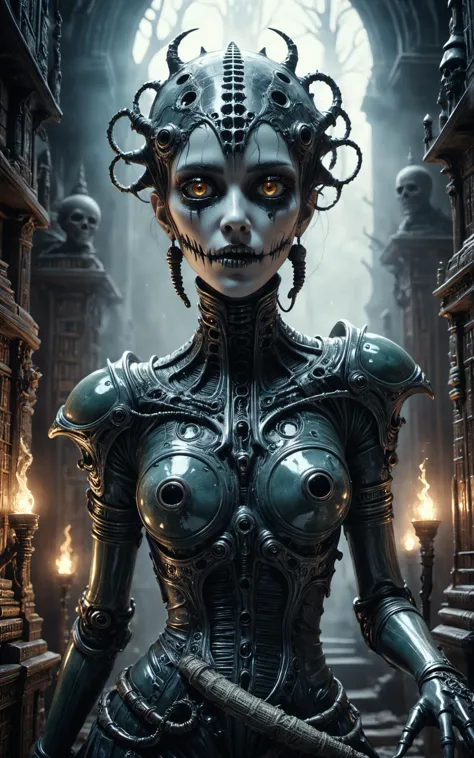 cinematic film still Surreal horror style by grim Sophia Rapata and h.r. giger,surreal abstract art,a female mechanoid-ghoul hau...