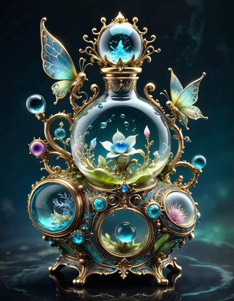 Intricate gorgeous detailed bioluminescent magical and dreamy fairy perfume bottle, breathtaking borderland fantasycore artwork by Android Jones, Jean Baptiste monge, Alberto Seveso, Erin Hanson, Jeremy Mann. maximalist highly detailed and intricate professional_photography, a masterpiece, 8k resolution concept art, Artstation, triadic colors, Unreal Engine 5, cgsociety