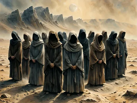 A circle of men and women stand in the dusty desert wearing dull brown robes and hoods, their heads bowed so their faces can't b...