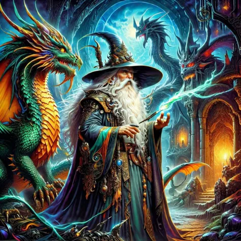 Old wizard with a long white beard with his dragon with cyberpunk enhancements., 1980s fantasy style, Masterpiece realistic, best high quality, perfect details, intricate details, nice lighting, detailed background,<lora:1980s_Fantasy_Style_SDXL:1.0>