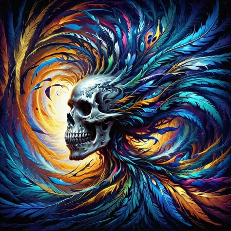 A skull distorted by the twists and turns of a vortex, in the style of neon impressionism, spiral vortex patterns, dark blue and light black, photoillustration, made of feathers, expressive light and shadow, expressionist emotiveness --s 750 --v 5. 2 --style raw