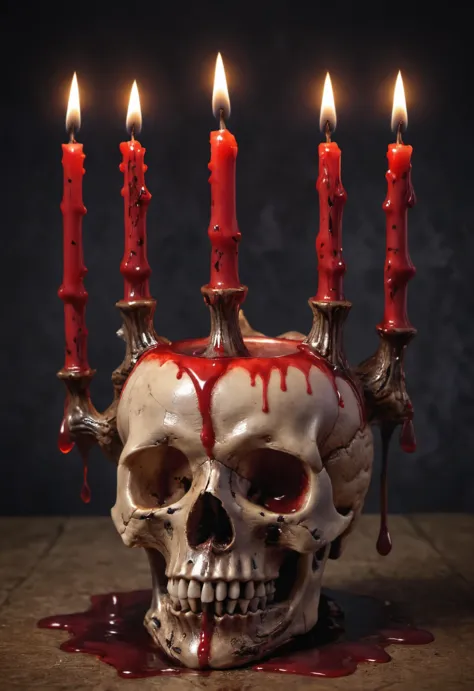 human skull used as a candle holder,red candle,lit candle,red wax dripping on skull,hyperrealistic,extreme detail,intricate phot...