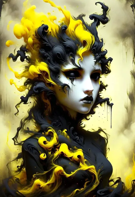 ((masterpiece, best quality)), digital art, 1girl, goth, DonMW15pXL, Engulfed BY yellow, sad