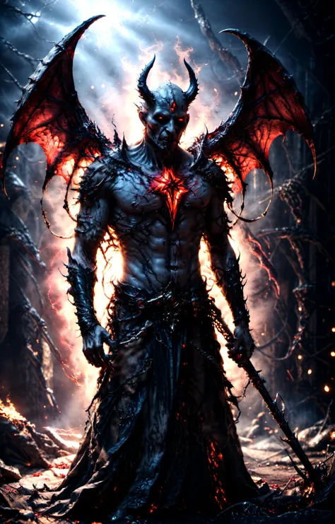 cinematic film still Horror-themed realistic photo of a evil demon with rotting angel wings and holding a scythe,glowing red pentagram on chest piece,unreal engine 5 quality render cinematic lighting 8k resolution concept art by giger trending on cgsociety,dramatic light,hdr,vivid color scheme,cyberpunk,neon noir style,sci-fi atmosphere,hyper realism,octane,god rays,volumetric,golden ratio,cool 4d,retrowave,in the year 2021,award winning masterpiece,depth,deep focus,black metal,true to life,natural skin,high detailed body,very detailed scene,shadows,detailed background,highly detailed skin,accurate to life,living image,amazingly lifelike .,glow effects,godrays,Hand drawn,render,8k,octane render,cinema 4d,blender,dark,atmospheric 4k ultra detailed,cinematic,Sharp focus,big depth of field,Masterpiece,colors,3d octane render, Eerie,unsettling,dark,spooky,suspenseful,grim,highly detailed,. shallow depth of field, vignette, highly detailed, high budget, bokeh, cinemascope, moody, epic, gorgeous, film grain, grainy