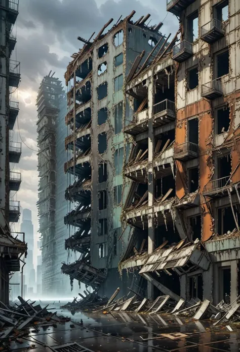 breathtaking post apocalypse New York City,illustration in the style of [gris grimly|clive barker],corrosion,rust,deterioration,destruction,broken,cracked,distressed,close up, . award-winning, professional, highly detailed