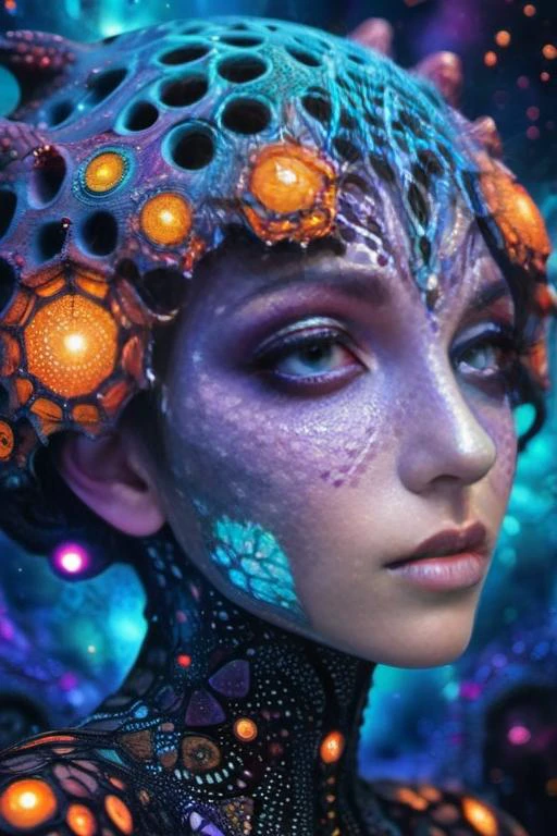 photography of a fairy, cute, creepy, (perfect face: 1.1), (incredible face: 1.2), intricate details, realism, colorful cyberpunk, glowing, nebula and fractal patterns in background trypophobia