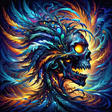 a painting of a skull with feathers on its head