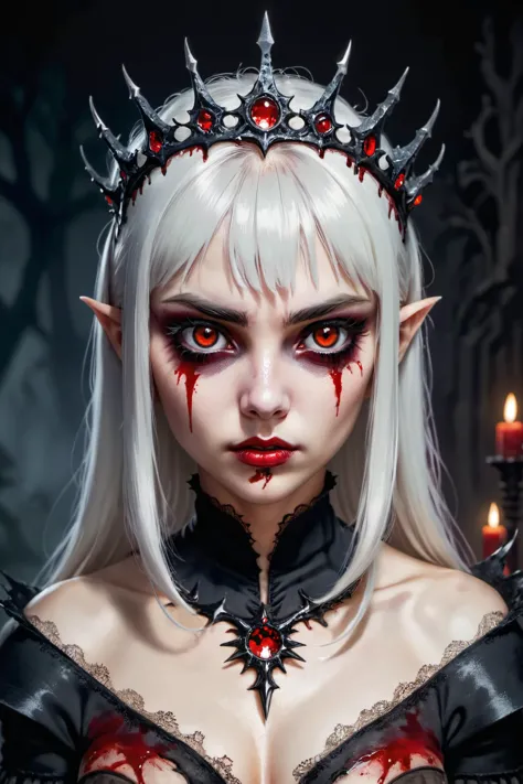 young red eyed woman,white bangs hair,full body,oil painting,old painting,(evil look:1.3),hemomancy,blood magic,casting a spell,crown of thorns,stanic symbols,(dark style:1.3),(vampire:1.5),(blood on face:1.5),ink stains,low satiration,low contrast,scary,horror,dramatic light,shadows,(contour:1.5),(gothic style:1.5),(eyeliner:1.5),sexy,, true to life, HDR image,High detail resolution,soft eyes,natural skin,high detailed face,high detailed cloth,film photography,vintage,cinematic lighting,realistic,sharp focus,(very detailed),((4K HQ)),depth of field,f/1.2,Leica,8K HDR,High contrast,shadows, bokeh,(detailed and realistic skin texture),(detailed clothing),(detailed background),detailed skin,(highly detailed skin),(8K HDR photo),realistic texture,realistic shadows,accurate to life,living image,lifelike, glow effects, godrays, Hand drawn, render, 8k, octane render, cinema 4d, blender, dark, atmospheric 4k ultra detailed, cinematic, Sharp focus, big depth of field, Masterpiece, colors, 3d octane render, 4k, concept art, trending on artstation, hyperrealistic, Vivid colors, extremely detailed CG unity 8k wallpaper, trending on CGSociety, Intricate, High Detail, dramatic, glow effects, godrays, Hand drawn, render, 8k, octane render, cinema 4d, blender, dark, atmospheric 8k ultra detailed, cinematic, Sharp focus, big depth of field, Masterpiece, 3d octane render, 8k, concept art, trending on artstation, hyperrealistic, extremely detailed CG unity 8k wallpaper, trending on CGSociety, Intricate, High Detail, dramatic