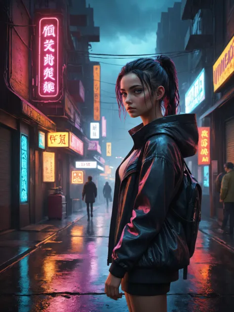 Neon noir create an award-winning photograph of a young woman exploring an original and unconventional theme that captivates and...
