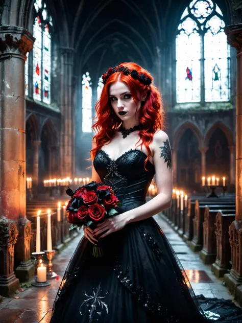 Horror-themed a  25 year old emo woman bride holding a bouquet of decaying black roses,black goth style wedding dress,walking down the aisle in an ancient abandoned cathedral,stain glass windows in the background,candle lit,red hair,(highly detailed skin),perfect face,skin pores,(bokeh:0.6),sharp focus,dappled lighting,(backlighting:0.7),film grain,photographed on a Sony A7R IV,18mm F/1.7 cine lens,(highly detailed, intricately detailed),8k,HDR,front view,(full body visible:1.2) . award-winning,professional,highly detailed,glow effects, godrays, Hand drawn, render, 8k, octane render, cinema 4d, blender, dark, atmospheric 4k ultra detailed, cinematic, Sharp focus, big depth of field, Masterpiece, colors, 3d octane render, 4k, concept art, trending on artstation, hyperrealistic, Vivid colors, extremely detailed CG unity 8k wallpaper, trending on CGSociety, Intricate, High Detail, dramatic . Eerie, unsettling, dark, spooky, suspenseful, grim, highly detailed