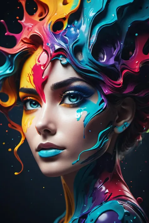 concept art concept art colorful ink cascaded the canvas forming human female face,photo,studio lighting,sony a7,35mm,hyperreali...
