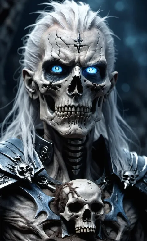 cinematic film still Horror-themed ancient undead warrior,male,shaggy white hair,skull like features,decomposed,glowing blue eye...