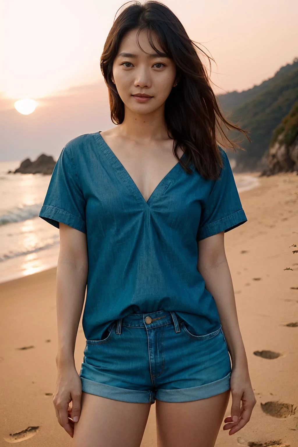 A photograph of (1girl, 35 years old, seductive smile), zh_baedoona, solo, realistic, black eyes, black hair, long hair, looking at viewer, wearing (chambray top and denim shorts),