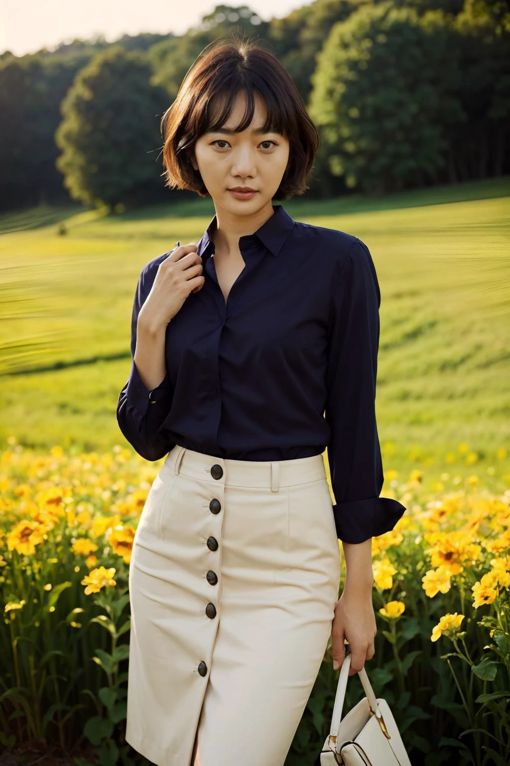 ((seductive pose)), (dynamic angle), (outdoors, in a field of flowers)
A photograph of (1girl, 35 years old, seductive smile), zh_baedoona, solo, realistic, black eyes, black hair, looking at viewer, wearing (wearing button shirt, and pencil skirt)