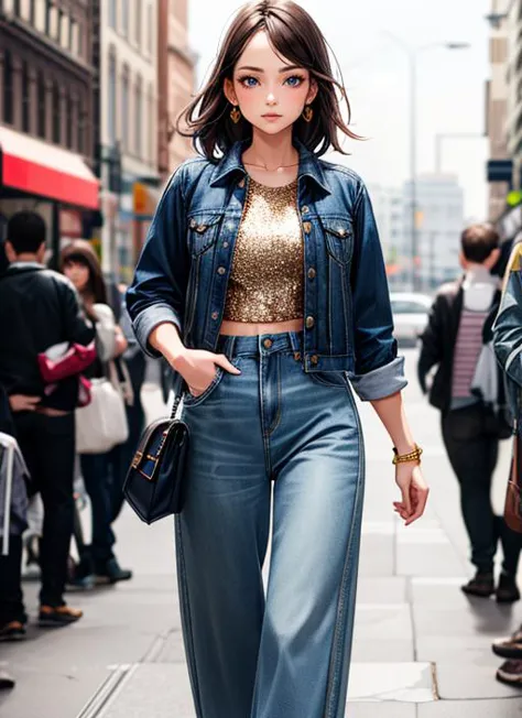 <lora:add_detail:1> girl, high quality, highres, catwalk,  denim jacket, sequin top, wide-leg pants , prince albert piercing , bag