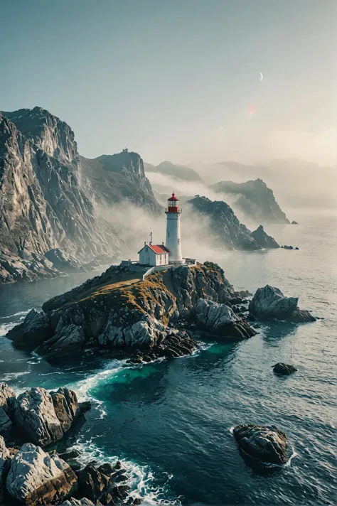 A solitary lighthouse stands sentinel over the rocky coastline,Misty mountains with a soft hazy sky,style by Nick Knight,ï»¿Anag...