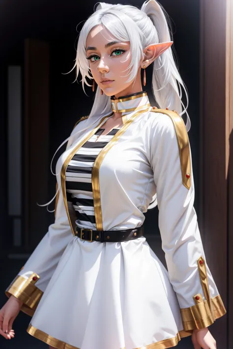 puri2,aafrie, long hair, (white hair), 2twintails, pointy ears, earrings, thick eyebrows,green eyes, white capelet, striped shirt, long sleeves, belt, white skirt, black pantyhose,small breasts, flat, 1girl in full growth, best quality, masterpiece, ultra-detailed, high quality, perfect nose, highly detailed skin, warm skin tone, defiance512, RAW photo, best quality, high resolution, (masterpiece), dreamlike, dreamy, modelshoot style, analog style, tonemapping, photorealistic, professional photography, sharp focus, HDR, 8K resolution, intricate detail, sophisticated detail, hyper detailed, (depth of field), highlight and shadow, volumetric lighting, cinematic bloom, professional light, looking at viewer, blotchy,