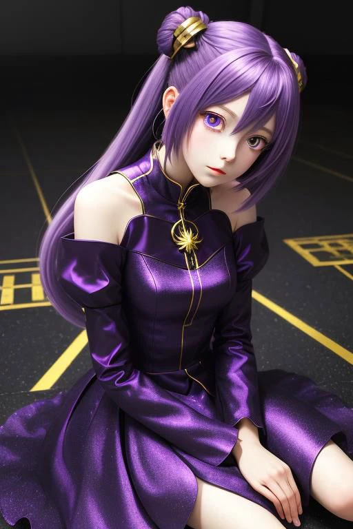 an anime girl posing on the floor is in a dress, in the style of dark purple and light gold, precise and lifelike, eerily realistic, celestialpunk, heistcore, porcelain, exaggerated facial features