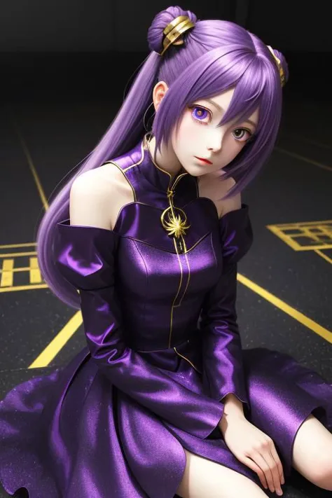 an anime girl posing on the floor is in a dress, in the style of dark purple and light gold, precise and lifelike, eerily realis...