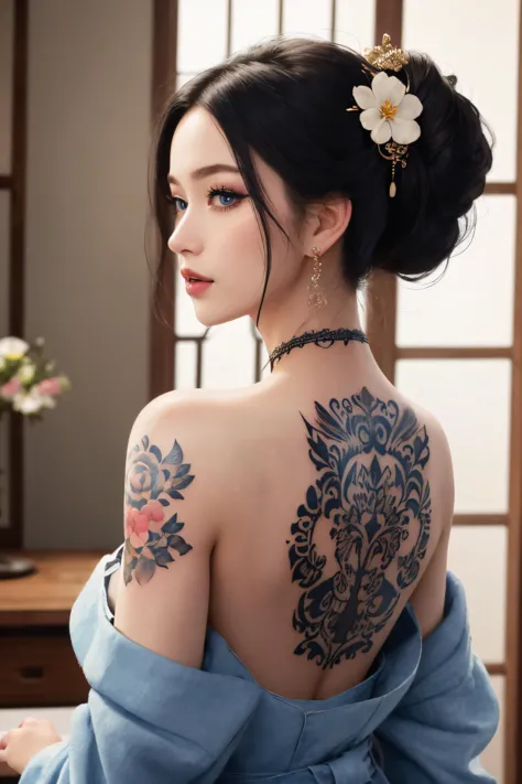 a woman with a tattoo on her back sitting on a bed