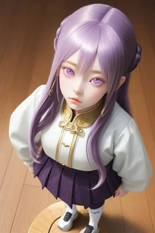 a female anime girl is standing on a hardwood floor, in the style of light violet and dark gold, porcelain, hyper-realistic portraits, celestialpunk, he jiaying, heistcore, close up