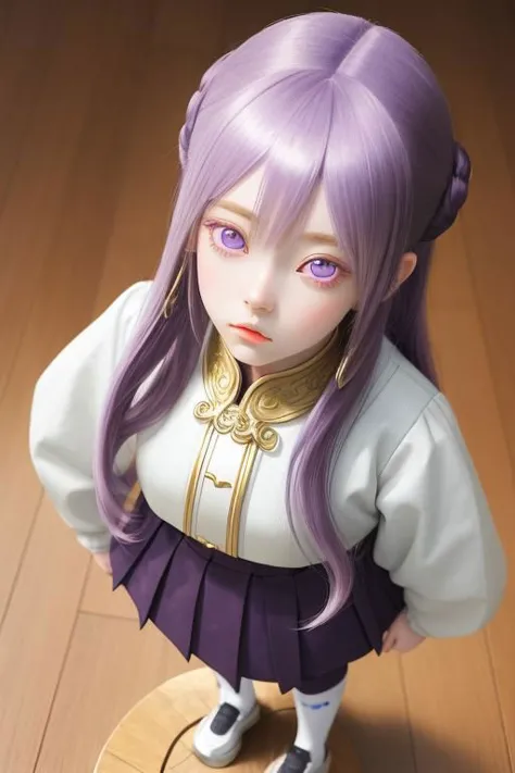 a female anime girl is standing on a hardwood floor, in the style of light violet and dark gold, porcelain, hyper-realistic port...