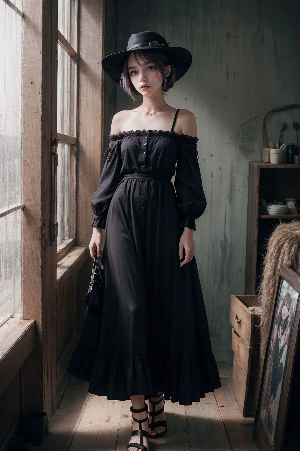 RAW photo, (columbian chic girl), (style of David Bailey:1.4), eerie, dark theme, horror, unsettling, Jealousy, Flowy maxi dress, floppy hat, and gladiator sandals, Crown braid, Pastel purple hair color,  Smoky black eyeshadow with a touch of gold on the inner corner of the eyes,  (smaller frame and height), Creepy haunted toy store with dolls staring blankly,  detailed skin, skin blemish, sharp focus, beautiful eyes, (analog style:1.2), (film grain:1.2), (high detailed skin:1.2), 8k uhd, dslr, soft lighting, high quality, film grain, Fujifilm XT3, perfect lighting, perfect shading, 