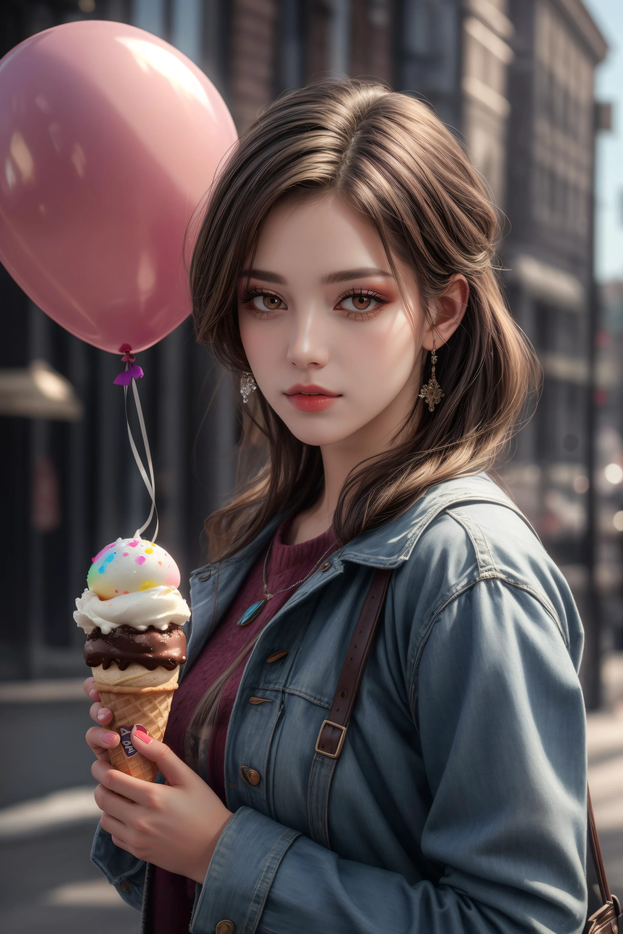 ((mejor calidad)), ((Obra maestra)), ((Realista)),HDR,alta definición,detalles intrincados,renderizar vray, renderizado de octanaje, 1 chica, sosteniendo helado, muchos globos coloridos fondo, 