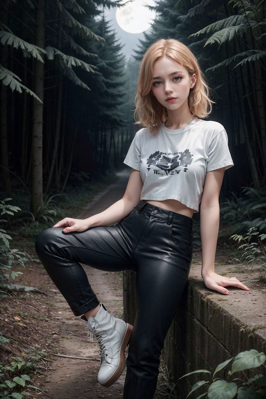RAW photo, (rocker girl), (style of James Nachtwey:1.4), Hesitation, Vintage band tee, leather pants, and chunky combat boots, Loose waves, Strawberry blonde hair color,  Bold and intense black eyeshadow for a grunge-inspired look, Rectangle-shaped (straight and balanced with minimal waist definition), Moonlit forest with eerie silhouettes,  detailed skin, skin blemish, sharp focus, beautiful eyes, (analog style:1.2), (film grain:1.2), (high detailed skin:1.2), 8k uhd, dslr, soft lighting, high quality, film grain, Fujifilm XT3, perfect lighting, perfect shading, 