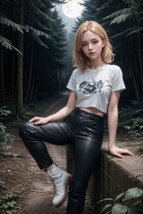 RAW photo, (rocker girl), (style of James Nachtwey:1.4), Hesitation, Vintage band tee, leather pants, and chunky combat boots, L...