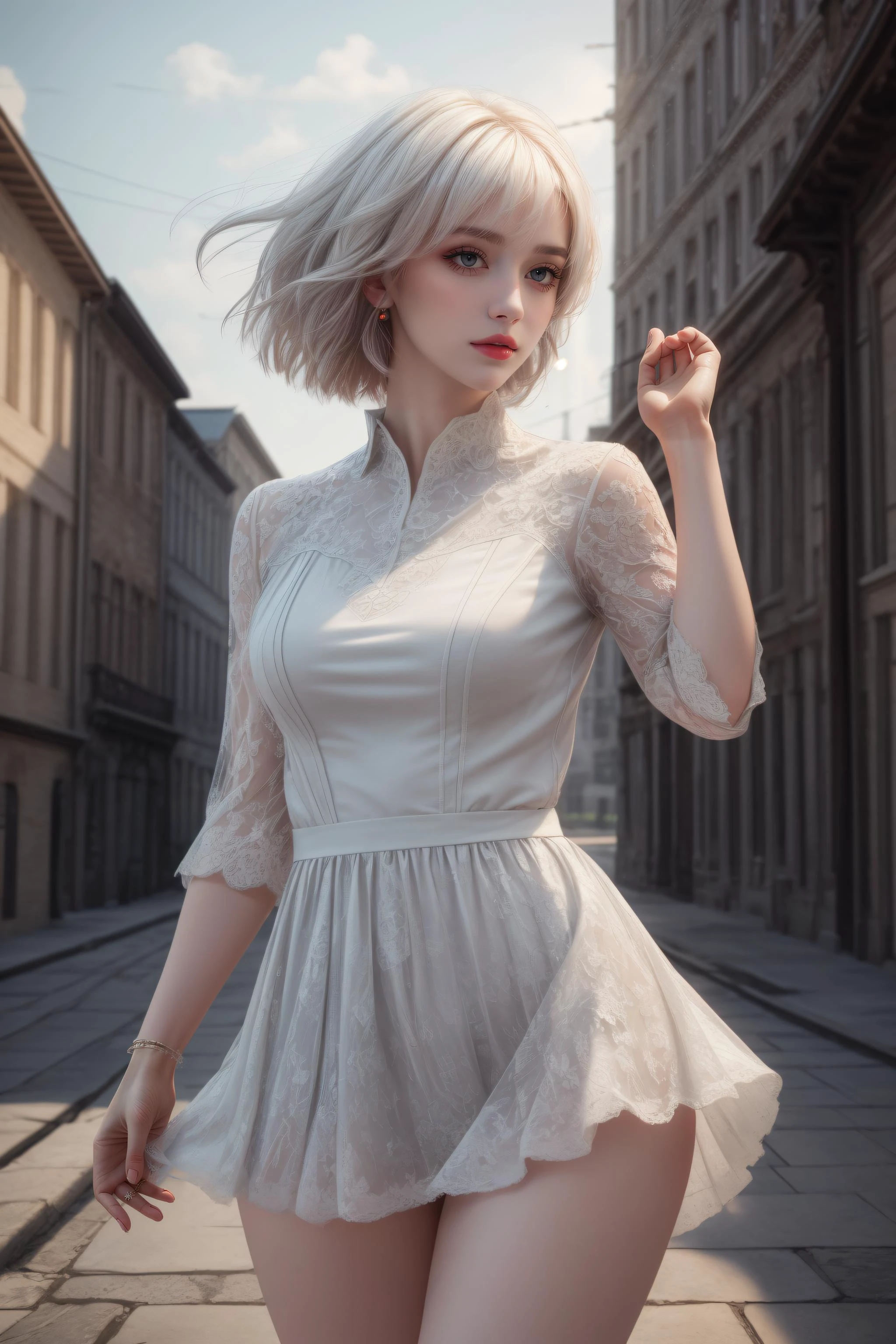 ((Best quality)), ((masterpiece)), ((realistic)),HDR,high-definition,Intricate Details,vray render, octane render, 1girl, cute, thick thighs, pale skin, red eyes, short white hair, dynamic pose, beautiful background, light dress billowing in the wind, 