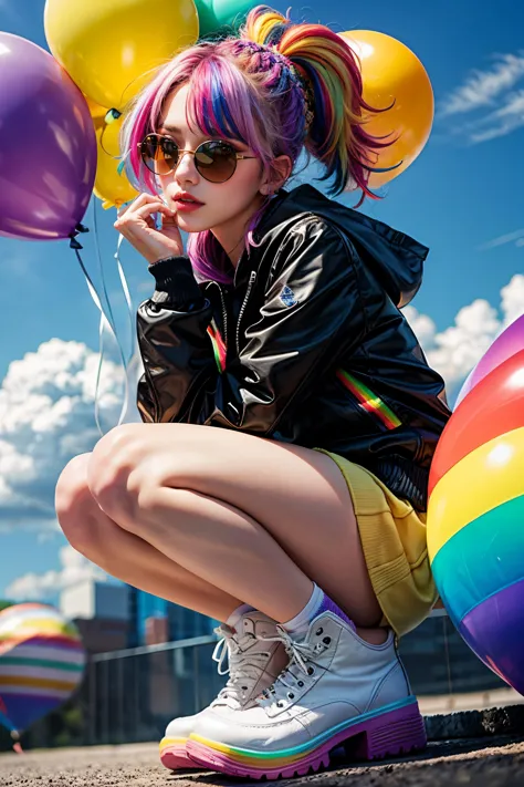 masterpiece, best quality,1 girl, pretty and cute, (rainbow color Highlight Hair,colorful hair:1.4), wearing blue and purple sunglasses, yellow jacket with white pattern, white sweater, many colored balloons, doll face, ponytail braid, perfect detail eyes, delicate face, perfect cg, HD quality, colored balloons, sky ,black boots, <lora:add_detail:1>