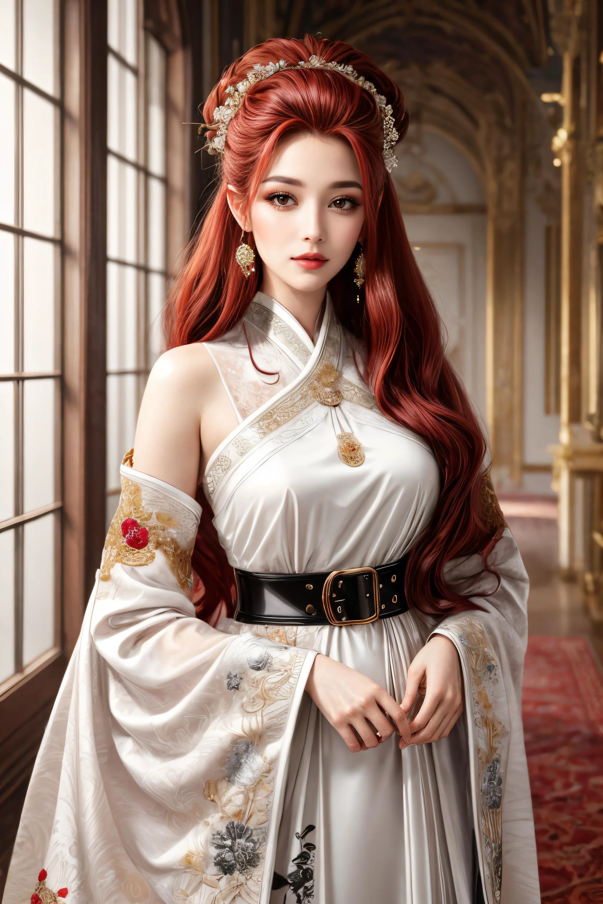 (masterpiece, top quality, best quality, official art, beautiful and aesthetic:1.2), perfect eyes, perfect face, volumetric lighting, 1girl, female wearing a black and white designer dress, MILF,hanfu, long red hair, curly hair, pompadour cut, belt, embroideries, jewelry, elegant hairdo, catwalk, fashion show, eyeshadow, thick eyelashes, 
