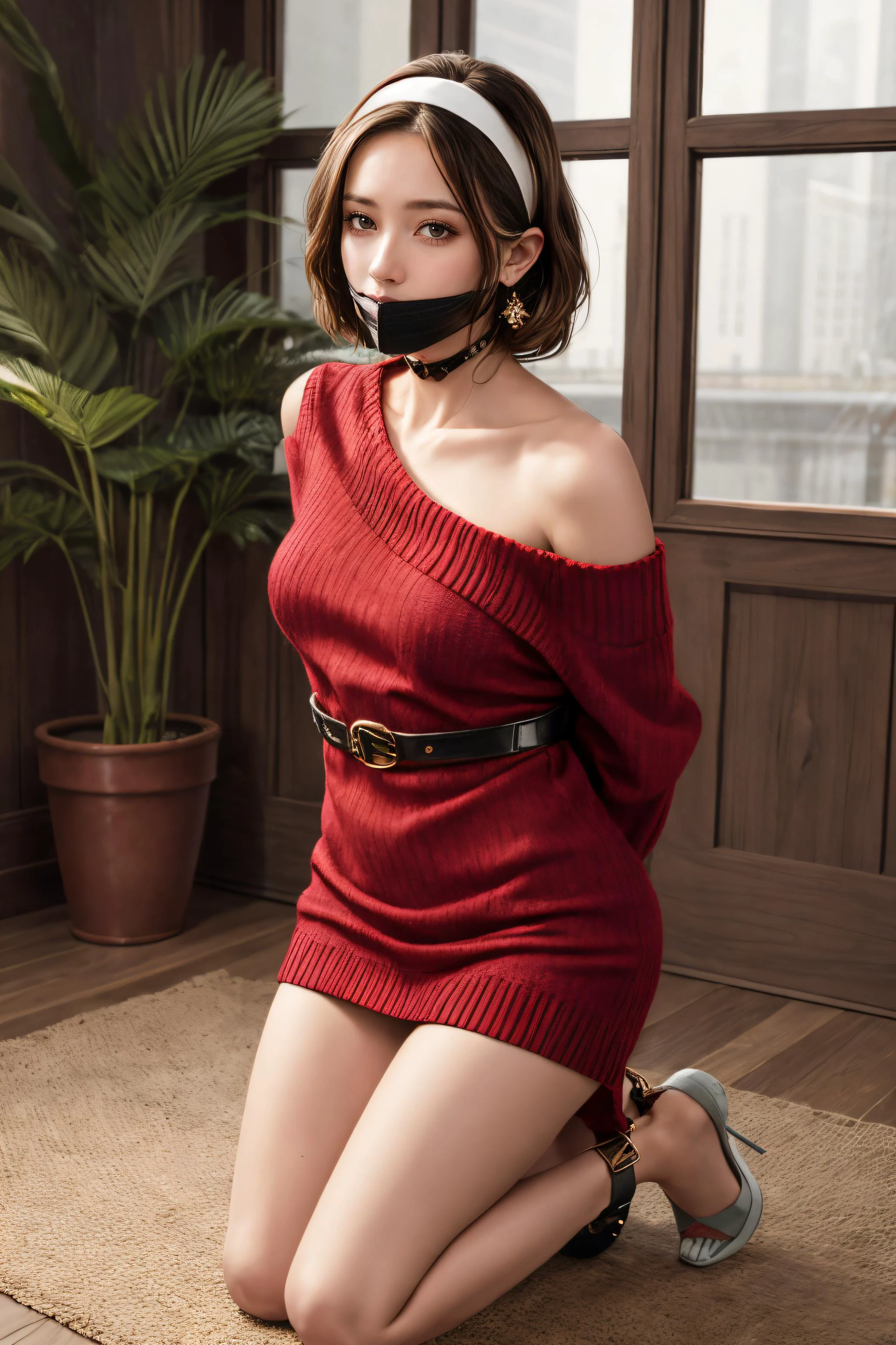 ((Best quality)), ((masterpiece)), ((realistic)), masterpiece, yor, 1girl, solo, looking at viewer, black hair, red eyes, dress, bare shoulders, jewelry, collarbone, sidelocks, hairband, earrings, indoors, off shoulder, :o, sweater, arms behind back, plant, short hair with long locks, white hairband, off-shoulder dress, sweater dress, off-shoulder sweater, red sweater, big side hair, very long side hair, 
tape gag,  handcuffed, gagged,ballgag, bound,   shibari over clothes,masterpiece, best quality, highly detailed ,kneeling, 